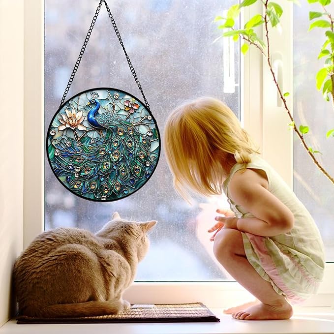 Stained Glass Window Hanging, Blue Peacock Decoration Suncatcher for Door Garden Home Flower Bird Sun Catchers Christmas Mother's Day Birthday Gifts for Women Men Mom Nana Friend 7.8 in
