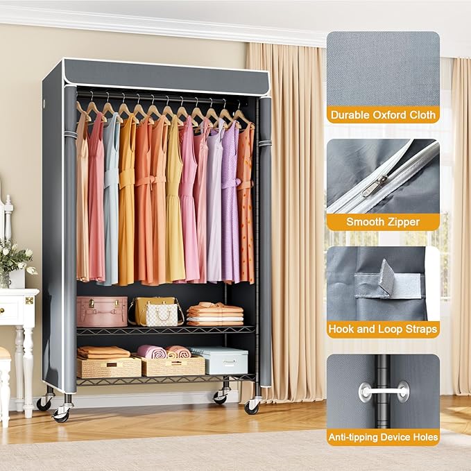 P6C Rolling Clothes Rack with Cover, Covered Clothing Racks Heavy Duty, Portable Closet for Hanging Clothes, Garment Racks on Wheels, Black Closet Rack with Gray Cover, Max Load 365LBS