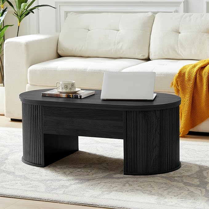 QHITTY Fluted Coffee Table with Lifting Top, Oval Wood Lift Top Coffee Table with Hidden Compartment, Mid Century Pull up Center Tables for Living Room, Office - Black