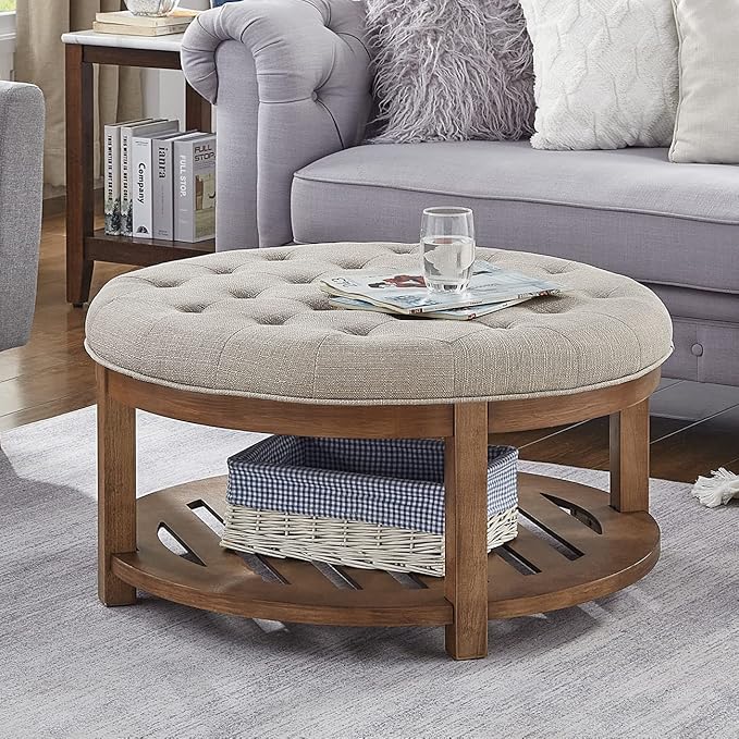 24KF Large Round Upholstered Tufted Linen Ottoman Coffee Table, Large Footrest Ottoman with Wood Shelf Storage-Iinen