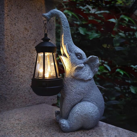 Elephant Solar Garden Statues,Resin Elephant Figurine Decorations with Solar Lights Lantern, Outdoor Elephant Decor Art for Lawn,Yard, Unique Housewarming Gift for Garden Home, VY-0617