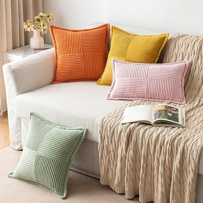 MIULEE Pink Corduroy Decorative Euro Sham Pillow Covers 24x24 Inch with Splicing Set of 2 Soft Boho Pillow Covers Broadside Textured Pillowcases for Couch Bed Livingroom