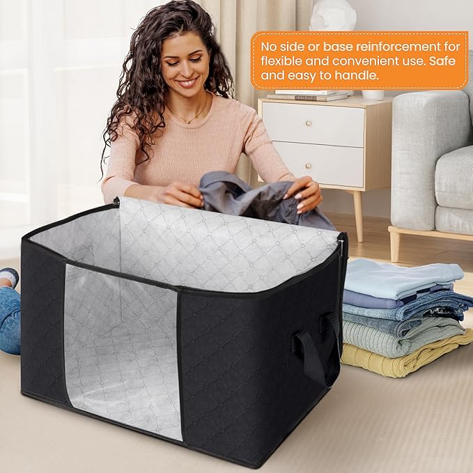 Fab totes 90L Clothes Storage, Foldable Thick Fabric Blanket Storage Bags, Containers for Organizing Bedroom, Closet, Clothing, Comforter, Organization with Handle (10 Pack,Black)