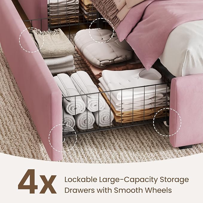 Full Size Bed Frame with 4 Storage Drawers and LED, Adjustable Clouds Headborad, Velvet Upholstered Platform Full Bed Frame with Charing Station, Wood Slats Support, No Box Spring Needed,Pink