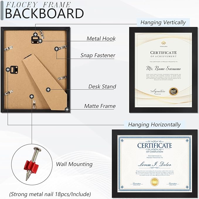 8.5x11 Picture Frame set of 15, Multi Certificate 8.5 by 11 Picture Frames Bulk, Document Diploma Award Frame for Wall Hanging or Tabletop Display, Black