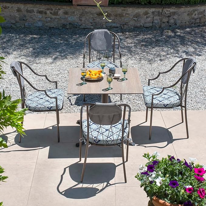 Set of 4 Outdoor Chair Cushions 19"x19"x2",Water Repellent Patio Seat Cushion with Ties and Removable Covers,Dining Chair Cushions for Indoor Kitchen and Patio Furniture,Boho Geometry Blue