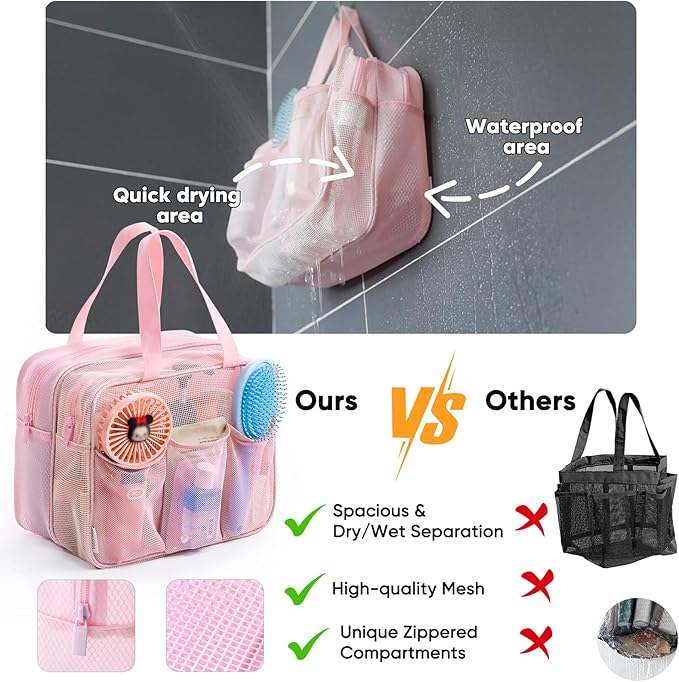 Large Mesh Shower Caddy with Wet & Dry Zones – Portable Hanging Toiletry Bag for College Dorm Room Essentials, Travel, Gym, Camping, Beach Tote Bag – Quick-Dry Shower Tote Organizer