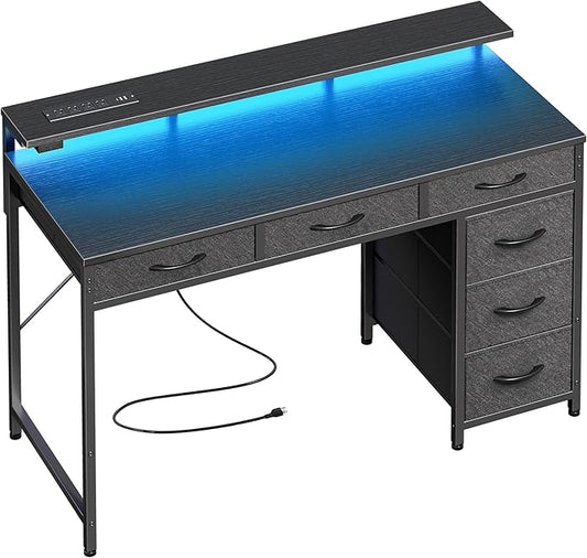 Huuger Gaming Desk with 6 Drawers, Computer Desk with LED Lights Power Outlets and Type-C, 39 Inch Office Desk with Storage, Monitor Stand, Writing Desk Work Desk Home Office, Bedroom, Study, Black