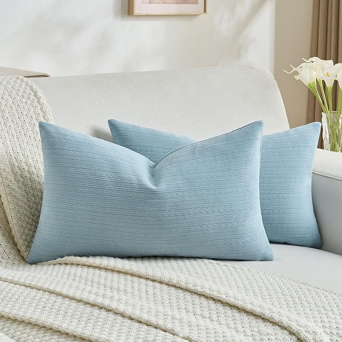 FUTEI Denim Blue Decorative Throw Pillow Covers 12x20 Inch Set of 2,Soft Cozy Wheat Ear Striped Patterns Lumbar Pillow Cases,Modern Home Decor for Couch Bed Living Room
