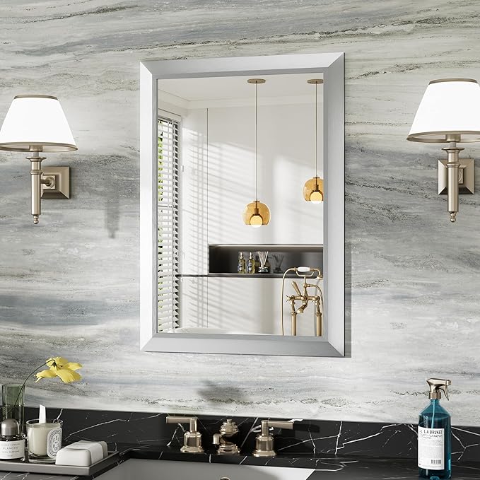 22x30 Inch Silver Bathroom Mirror for Wall, Thick Metal Framed Rectangle Mirrors for Over Sink, Bedroom, Living Room, Entryway, Anti-Rust, HD Tempered Glass