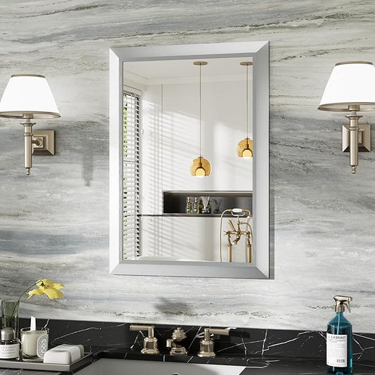 22x30 Inch Silver Bathroom Mirror for Wall, Thick Metal Framed Rectangle Mirrors for Over Sink, Bedroom, Living Room, Entryway, Anti-Rust, HD Tempered Glass
