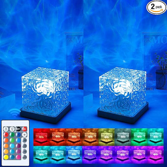 2 Packs Corded Lava Lamp with 2 Charger Adapters,Ocean Lamp Ocean Wave Projector Light Northern Lights Aurora Cube with 16 Colors and Dynamic Ripple Effect for Living Room Bedroom Decor - 5.1"
