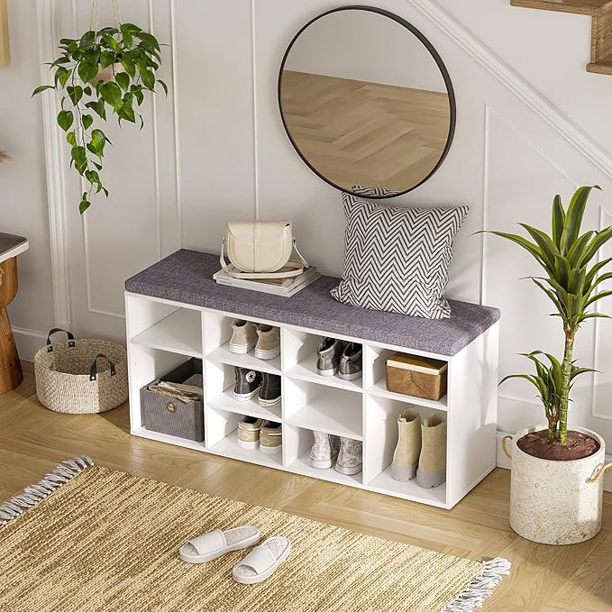 DINZI LVJ Shoe Storage Bench with Cushion, Cubby Shoe Rack with 12 Cubbies, Adjustable Shelves, Multifunctional Shoe Organizer Bench for Entryway, Mudroom, Hallway, Closet and Garage, White