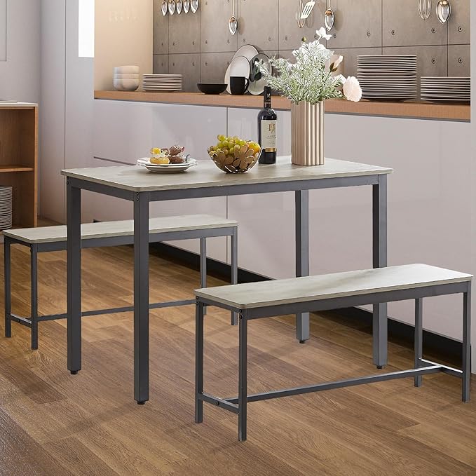 NicBex Dining Table Set for 4, 3 Piece Farmhouse Kitchen Table with 2 Benches, Small Breakfast Nook Table Set for Kitchen or Dining Room Grey
