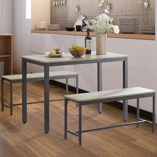 NicBex Dining Table Set for 4, 3 Piece Farmhouse Kitchen Table with 2 Benches, Small Breakfast Nook Table Set for Kitchen or Dining Room Grey