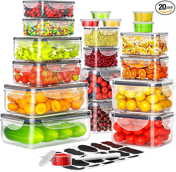 40 PCS Food Storage Containers with Lids Airtight (20 Containers & 20 Lids), Plastic Storage Meal Prep Container-Stackable 100% Leakproof & Microwave Organization and Storage Sets, Lunch Containers