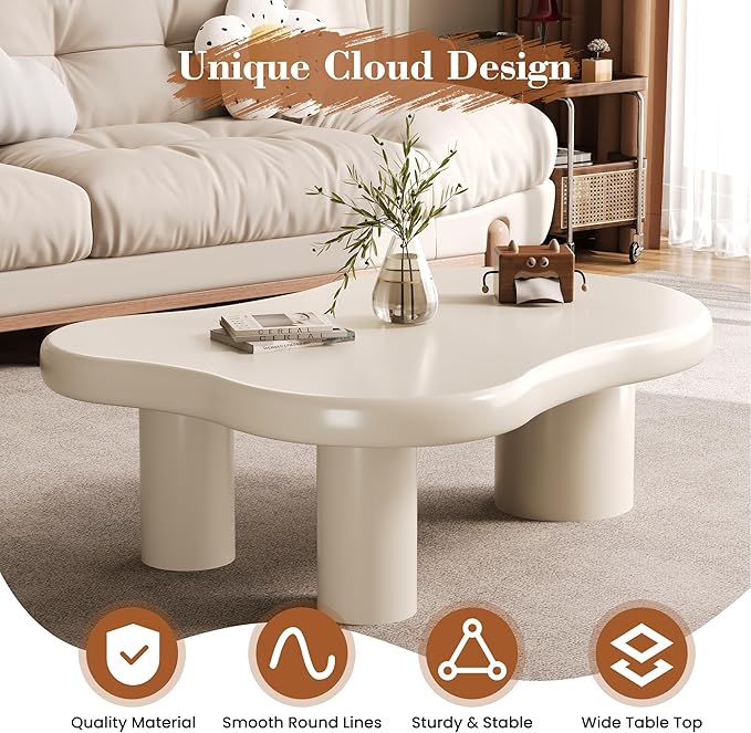 Coffee Table- Cloud Coffee Table, 48” Round Edge Tables with Unique Irregular Curves, Modern Tea Tables for Living Room Apartment, Easy Assemble& Clean