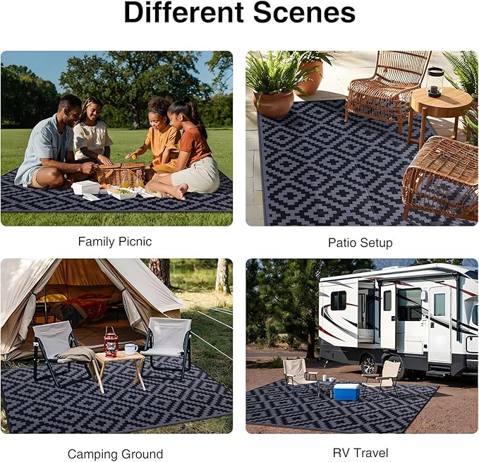 OLANLY Waterproof Outdoor Rug 9x18 ft, Outdoor Plastic Straw Rug for Camping, RV Mat Outside, Indoor Outdoor Carpet for Porch, Deck, Backyard, Balcony, Picnic, Black & Grey