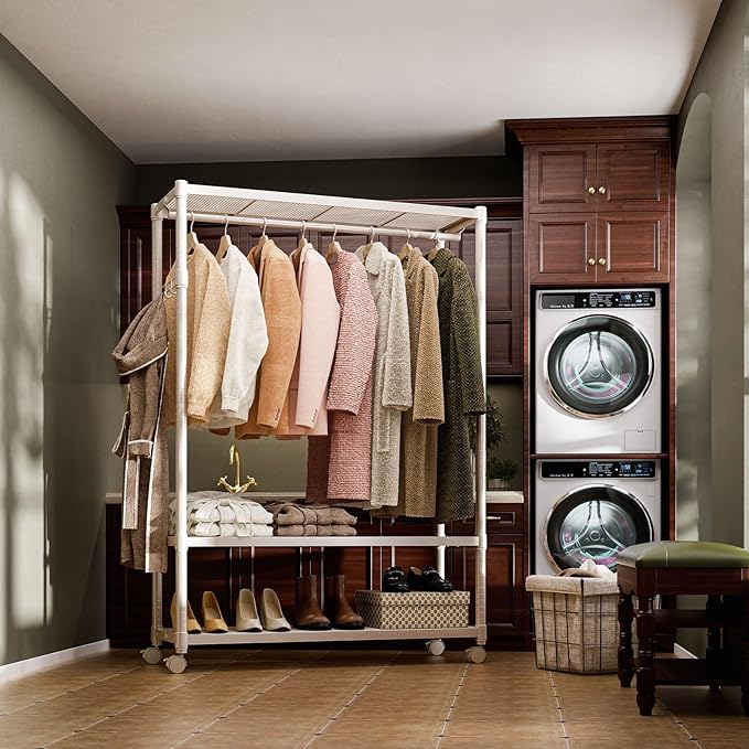 IZEUK Heavy Duty Rolling Clothing Rack with Clothes Hanging Rod, 3-Tier Adjustable Metal Wardrobe Closet Organizer with Side Hooks, Garment Rack on Wheels, 45.3" W x 17.7" D x 70.3" H, Gold