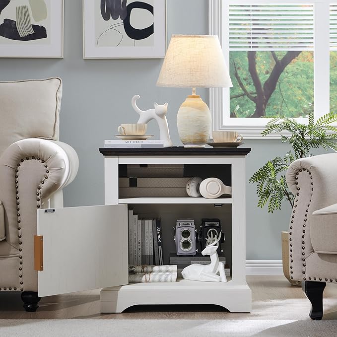 Fluted Nightstand with Charging Station, 22" Large Modern Side Table, Wood End Table w/Open Shelf & Spacious Tabletop, Bedside Table with Storage Space for Bedroom, Living Room (White)