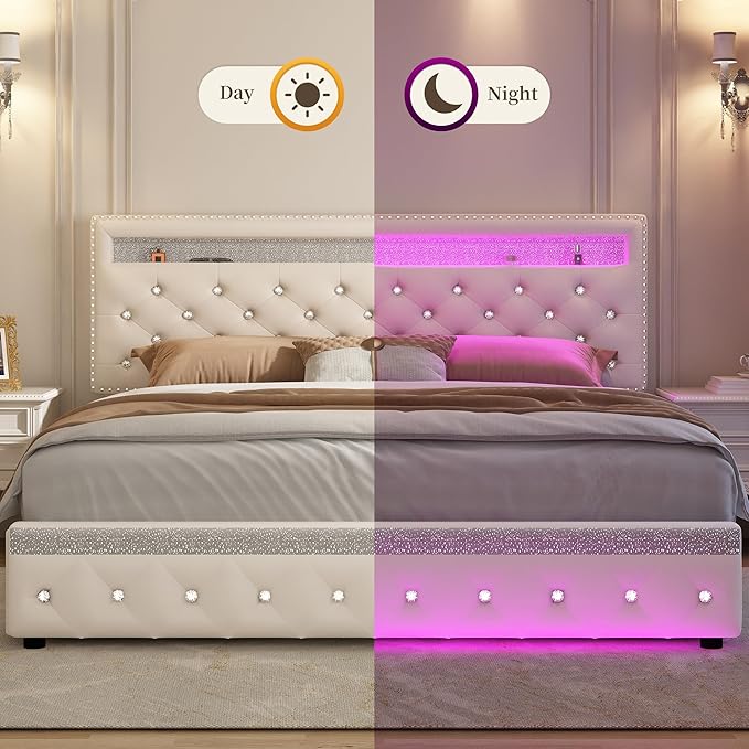 Full Led Bed Frame with 2 Drawers, Heavy Duty Sturdy Platform Bed Frames Full Size with Storage and Adjustable Crystal Button Tufted Headboard, Easy Assembly, No Box Spring Needed, Velvet Cream