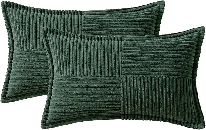 MIULEE Christmas Decorative Lumbar Throw Pillow Covers for Couch Bed Livingroom 12x20 Inch Set of 2 Dark Green Boho Accent Throw Pllows Broadside Striped Patchwork Soft Corduroy Pillowcases
