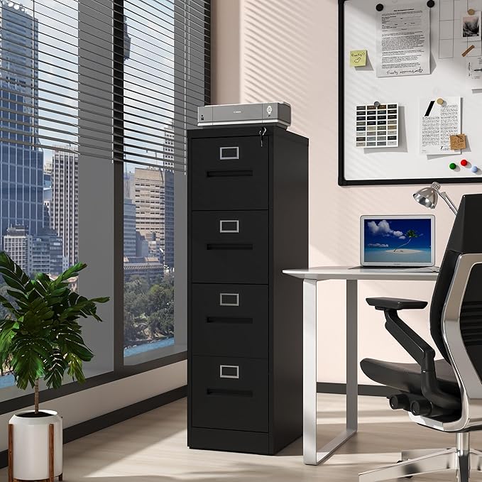 AQY 4 Drawer File Cabinet with Lock,Filing Cabinets for Home Office,Metal File Cabinet 18" Deep Vertical Storage Drawer for Hanging A4/F4/Letter/Legal Size Files, Assembly Require