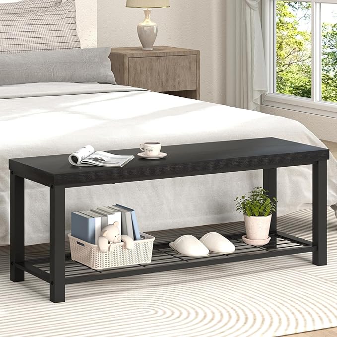 EXCEFUR Entryway Bench, Modern Wood and Metal Storage Bench for Hallway Front Door Entrance, Industrial Indoor Shoe Rack Bench Seat for Bedroom Living Room, 43.3 Inch Black