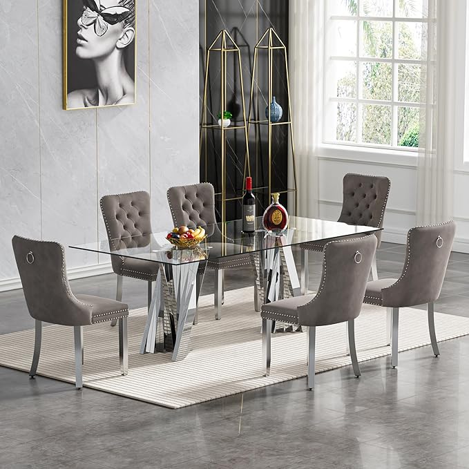 Goujxcy 70" Glass Dining Table Set for 6, Modern Silver Dining Table Set with 6 Grey Velvet Upholstered Dining Chairs, 7 Piece Kitchen Dining Room Table Set with Stainless Steel Legs