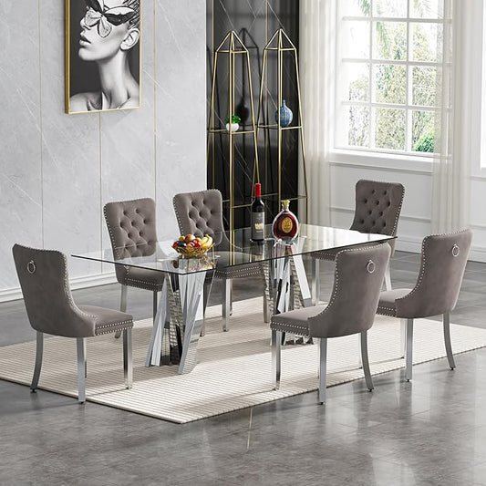 7 Piece Dining Table Set with 6 Grey Dining Chairs, Modern Glass Kitchen Table and Chairs Set for 6, 70" Rectangle Silver Glass Pedestal Dining Room Tables with Flash-Shape Stainless Steel Base