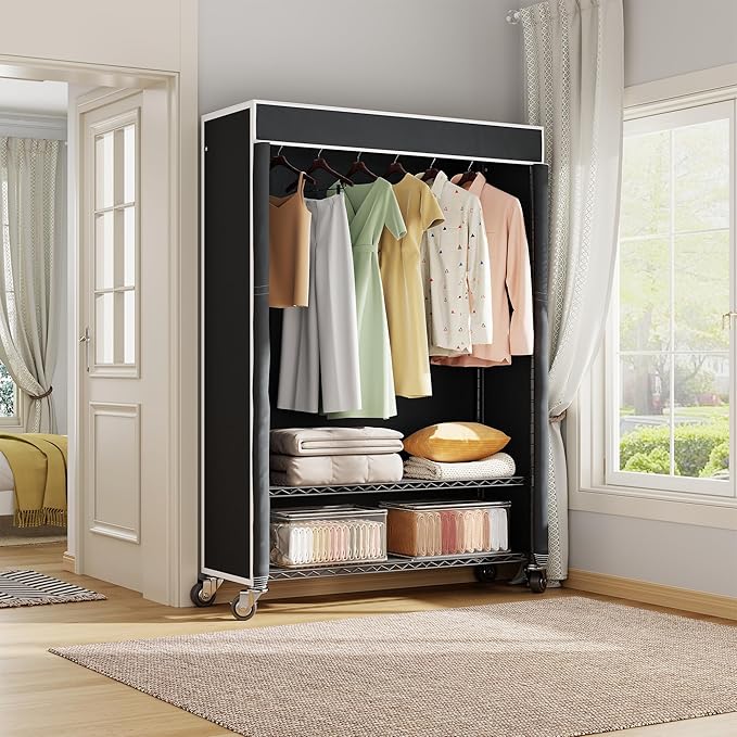 H4 Plus Rolling Garment Rack with Cover, Heavy Duty Clothes Rack with Wheels, Portable Closet for Hanging Clothes, Wardrobe Closets Organizer Storage, Black Closet Rack with Black Fabric Cover