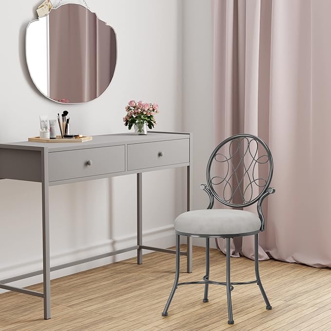 Hillsdale O'Malley Vanity Stool with Spiral Pattern Design, Metallic Gray Fabric