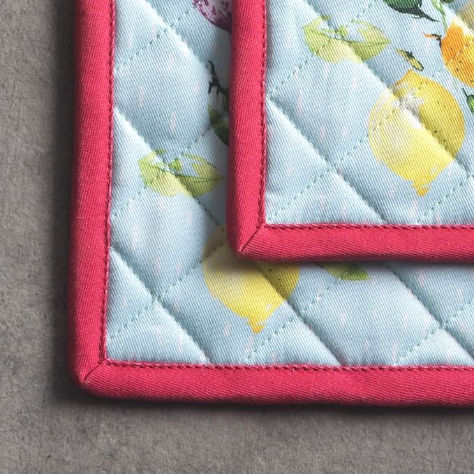 Maison d' Hermine 100% Cotton Oven Mitt & Pot Holder Set (7.5"x13" & 8"x8") Heat Resistant BBQ Cooking Gloves with Loop, Baking, Grilling, Kitchen, Handling Hot Pan Spring/Summer (Jardin D'Ete - Mint)