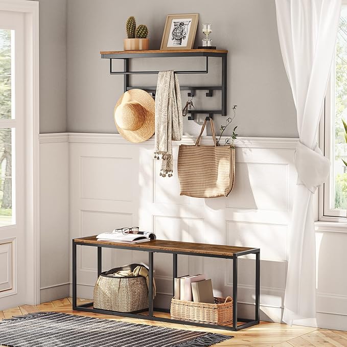 HOOBRO Dining Bench, 47.2 Inch Dining Table Bench, Industrial Style Kitchen Bench, Steel Frame, Easy to Assemble, for Kitchen, Dining Room, Rustic Brown and Black BF12CD01