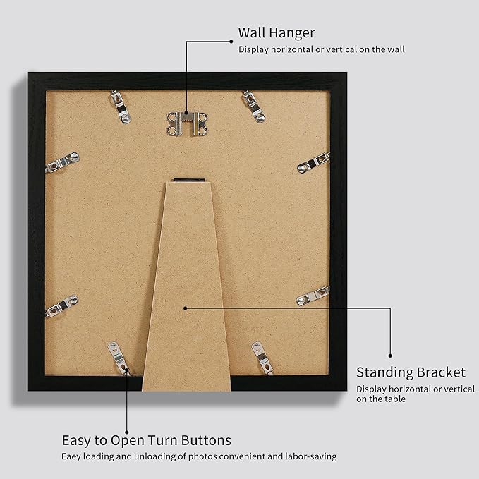 12x12 Picture Frame Set of 4 with Tempered Glass, Black Frame Display 10x10 Picture with Mat or 12 x 12 Without Mat, Wood Square Photo Frames for Desktop Display and Wall Mounting