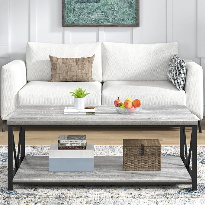 FOLUBAN Coffee Table, Modern Rectangle Living Room Table with Storage Shelf, Rustic Wood and Metal Center Table, Light Grey, 47 Inch