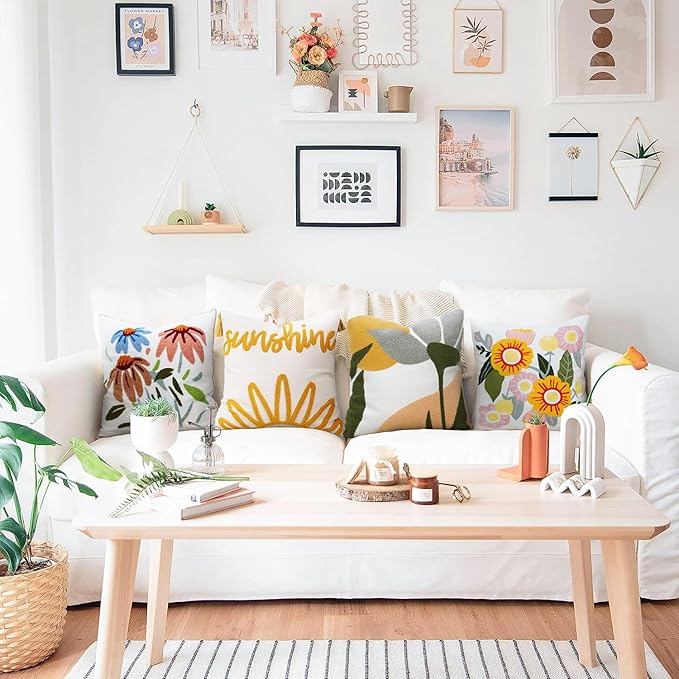 Merrycolor Boho Decorative Throw Pillow Covers Abstract Tufted Mid Century Modern Throw Pillows Leaf Sun Aesthetic Textured Pillow Cover Green Throw Pillows Cover for Bed Couch,Flower 18x18 Inch