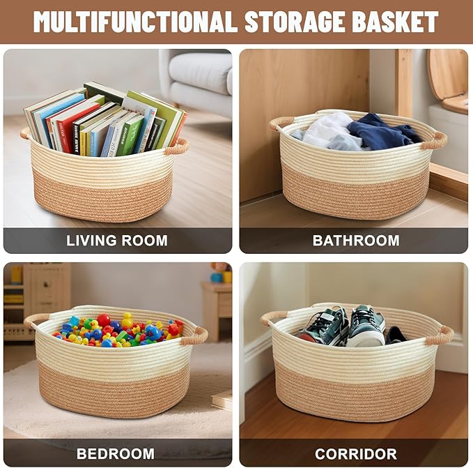 Small Woven Laundry Basket, Cotton Rope Storage Basket for Bedroom, Nursery & Bathroom – Toy Storage Organizer (Small(21.65" L x 12.6" W x 8.46" H))