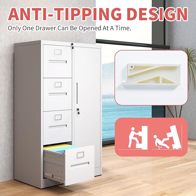 Locking File Cabinet with 4 Drawers and 1 Door,White Metal Storage Locker Cabinets for Employees,Home Office Filing Cabinets for Legal/Letter Size Files, Assembly Required