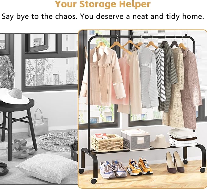 Rolling Clothes Rack Metal Clothing Rack with Wheels Garment Rack with Bottom Shelf for Hanging Clothes Shirts Jeans and Coats Black