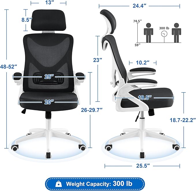 Yaheetech Ergonomic Mesh Office Chair, High Back Desk Chair with with flip-up Armrests, Adjustable Padded Headrest Computer Chair with Lumbar Support for Home Oiffce Game Room, White/Black