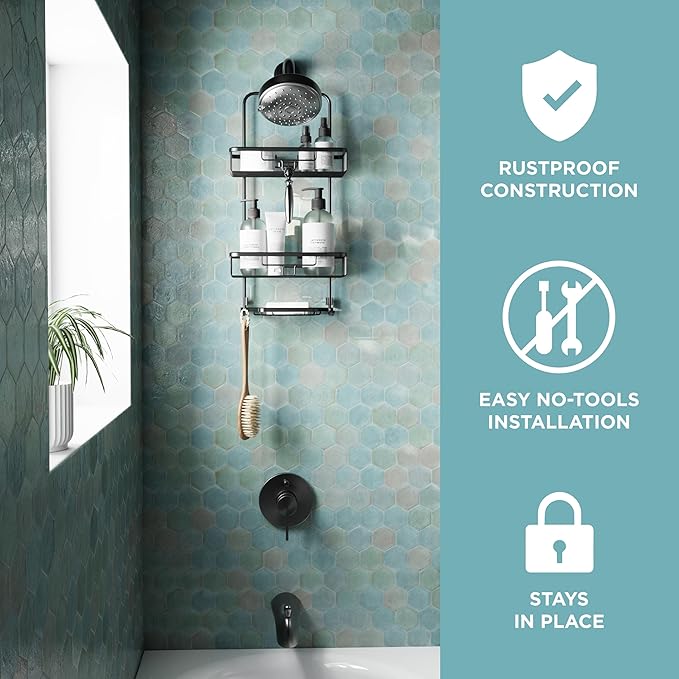 Zenna Home Rustproof Hanging Shower Caddy, Over the Shower Head Caddy with 2 Shelves and Built In Hooks, Aluminum Bathroom Hanging Organizer, Black