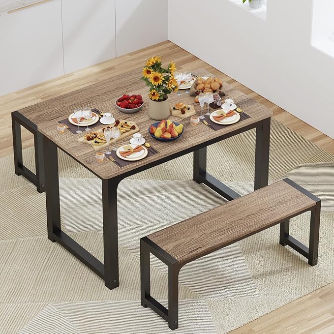 Gizoon 63” Kitchen Table Sets with 2 Benches Extendable Dining Table Set for Small Spaces Dining Room Table 4 Set Chairs for Kitchen Apartment Outdoor and Home Office, Gray