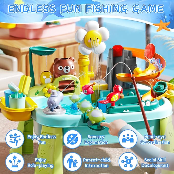 2026 Water Table for Kids Ages 3+ with Pump, Sensory Tables with Play Vegetables, Tableware & Fishing Game, Outdoor Toy Summer Beach for Kids Boys Girls Age 3+