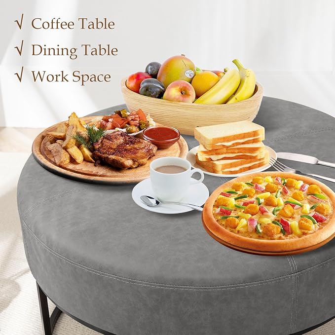 BALLIAA Modern Round Coffee Table, Farmhouse Ottoman for Living Room, Large Vintage Leather Coffee Tables with Leather Upholstered Padded Seat [Round, Vintage Gray, 30'']