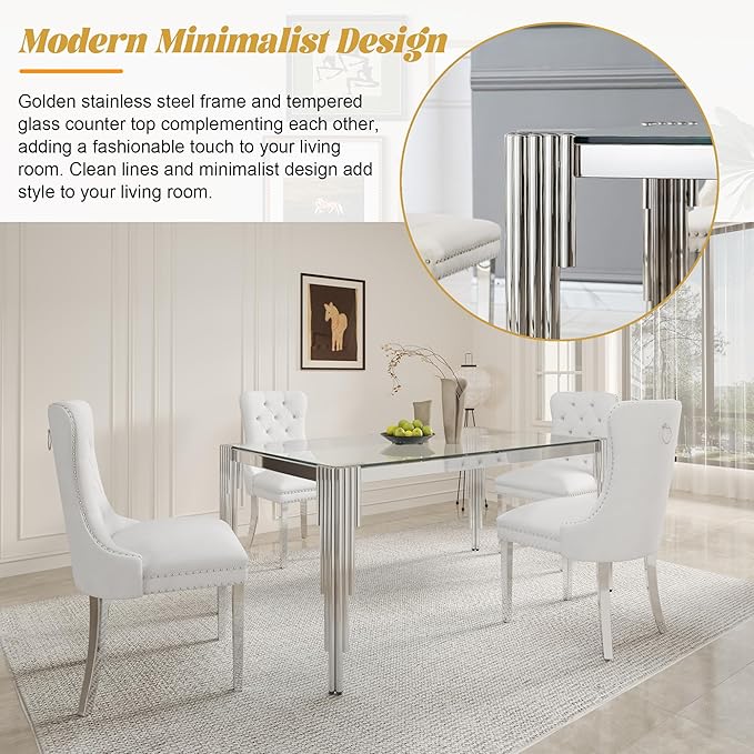 51" Rectangle Glass Dining Table for 4-6, Modern Silver empered Glass Kitchen Table with Stainless Steel Legs for Home Office Kitchen, Living Room