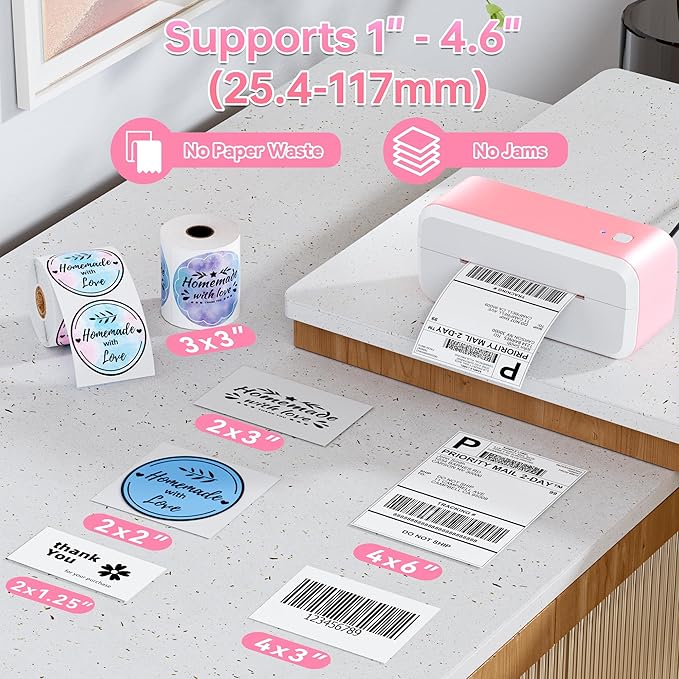 Bluetooth Shipping Label Printer, 4x6 Thermal Label Printer for Shipping Packages & Small Business, Compatible with IOS, Android, Windows and Mac, Widely Used for Ebay, Shopify, Amazon, Etsy (Pink)