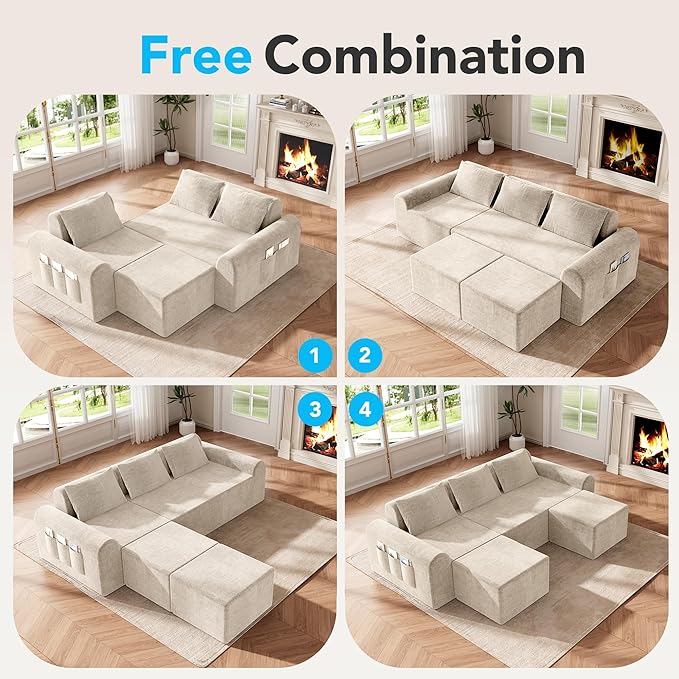 Cloud Sectional Couch with 2 Ottomans & 3 Pillows, U Shaped Modular Sofa for Living Room, Deep Seat Comfy Boneless Couch for Small Spaces, Chenille Fabric, No Assembly Required, 72H to Restore