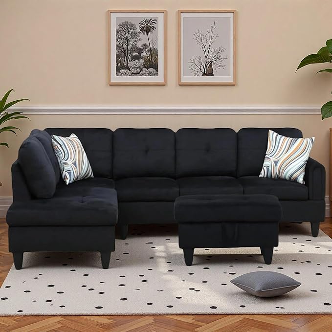 L-Shaped Sectional Sofa with Movable Chaise & Storage Ottoman, Lounge 3-Piece Modular Convertible Couches for Living Room, Apartment & Office, Black