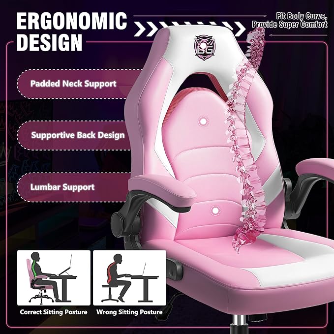 Gaming Chair, Leather High-Back Home Office Desk Chair with Flip-Up Arms, Ergonomic Padded Rolling Wheels Swivel Tilt Gamer Computer Chair with Comfy Lumbar Support, Height Adjustable, Pink